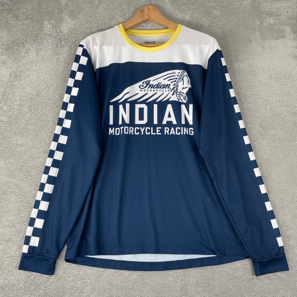 Indian Motorcycle Jersey Shirt Mens Medium Blue Checkered Racing Performance